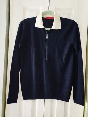 Max &Co. Navy Wool Sweater with White Polo Collar and Half-Zip